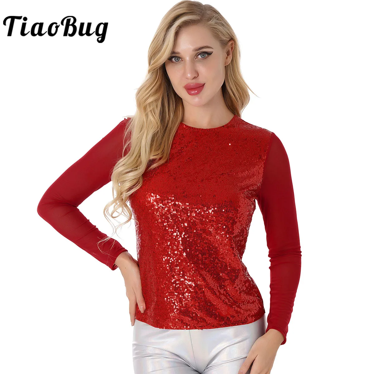 

Women Shiny Sequins Long Sleeve Tee Top Sparkling Mesh Patchwork Performance Party Dance TShirt Slim Tights Yoga Disco Tops