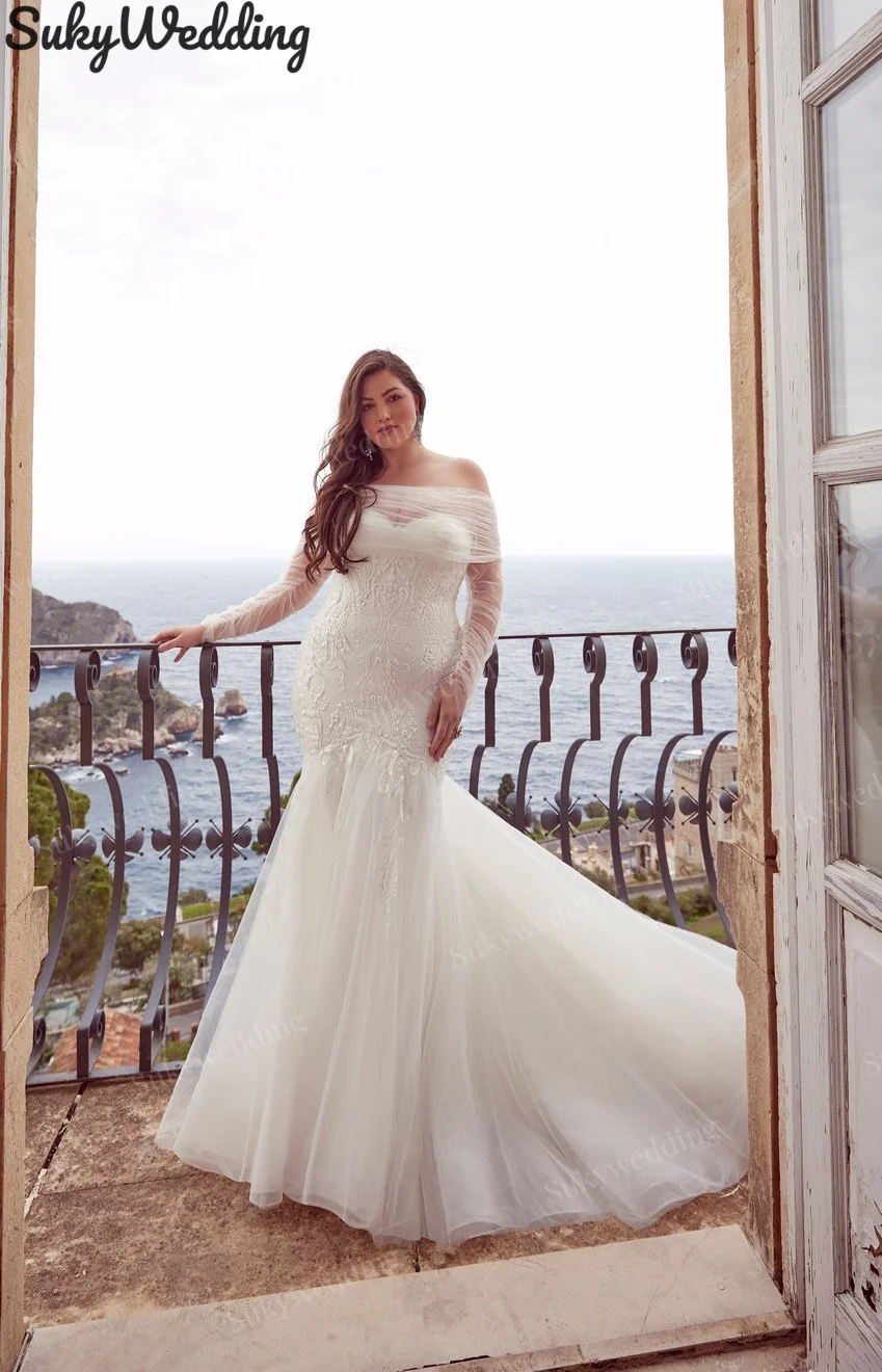 Eleganti abiti da sposa in pizzo a sirena taglie forti trasparenti manica lunga con scollo a V Backless Sweep Train abiti da sposa robe de mariée