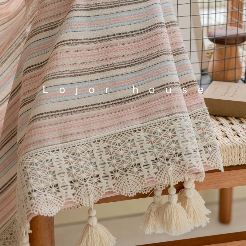 Cotton Pink Horizontal Stripe Girl Lace Curtains for Bedroom Living Room French Window Customized Finished Product