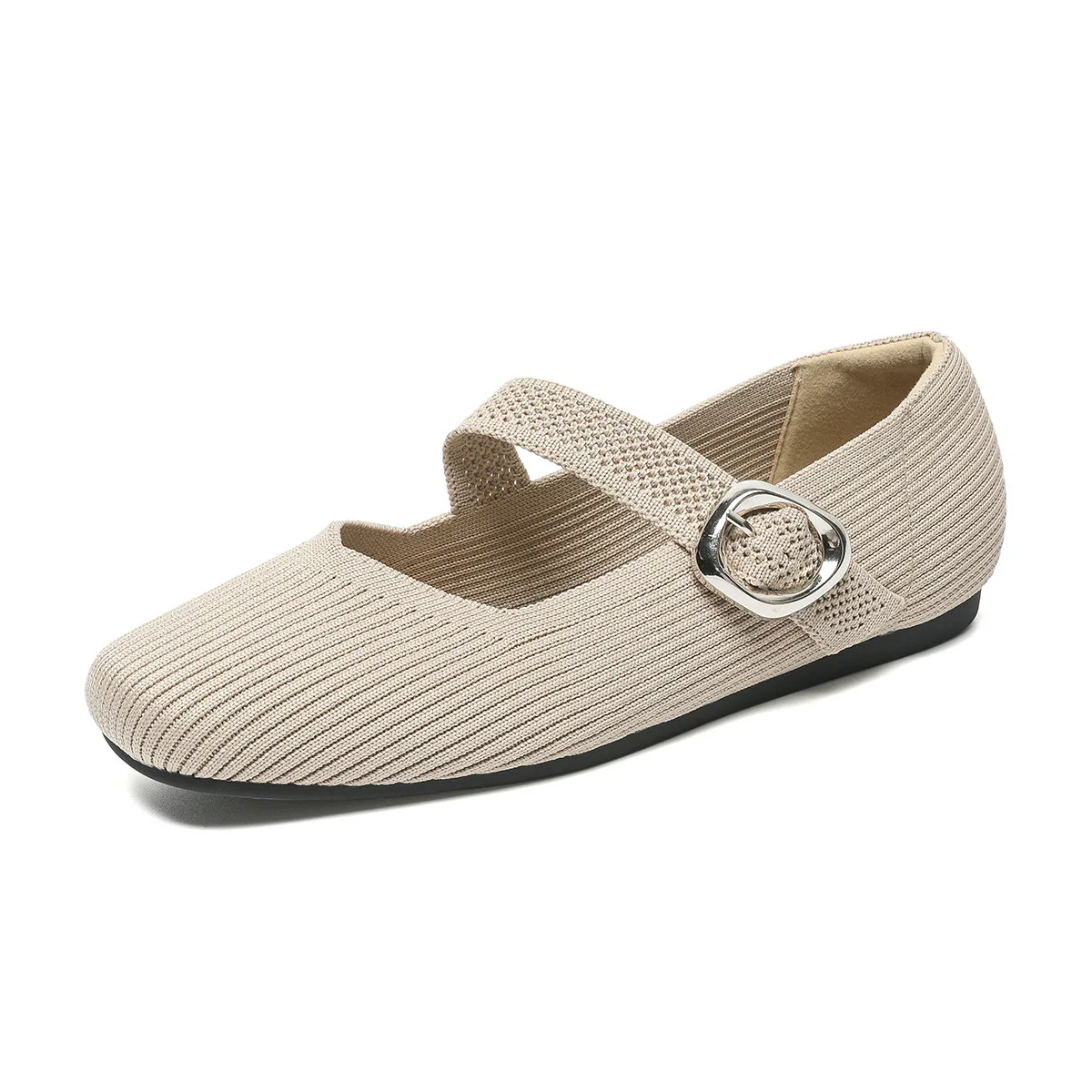 2025 Spring Knitted Fabrics Mary Jane Shoes Women Ballet Flats Shoes Comfortable Soft Square Toe Shallow Mouth Shoes for Women