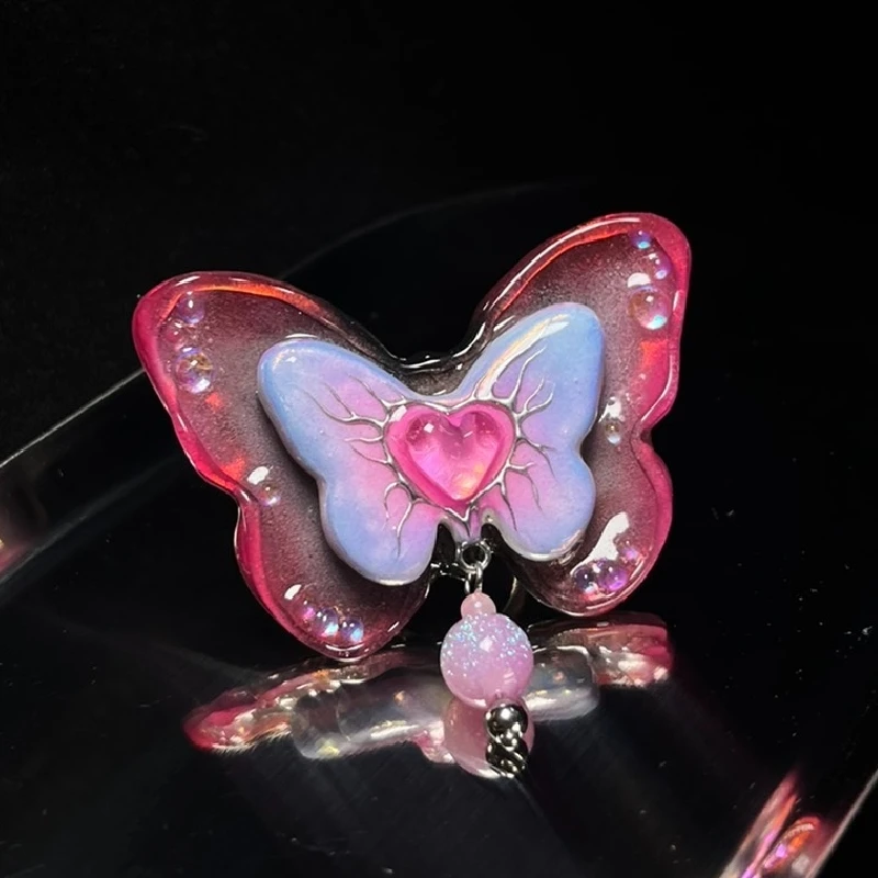 

3045 Creative Handmade Pink Butterfly Colorful Soft Ceramic Ring Cute Punk Style Jewelry Halloween Artwork Customized Gift