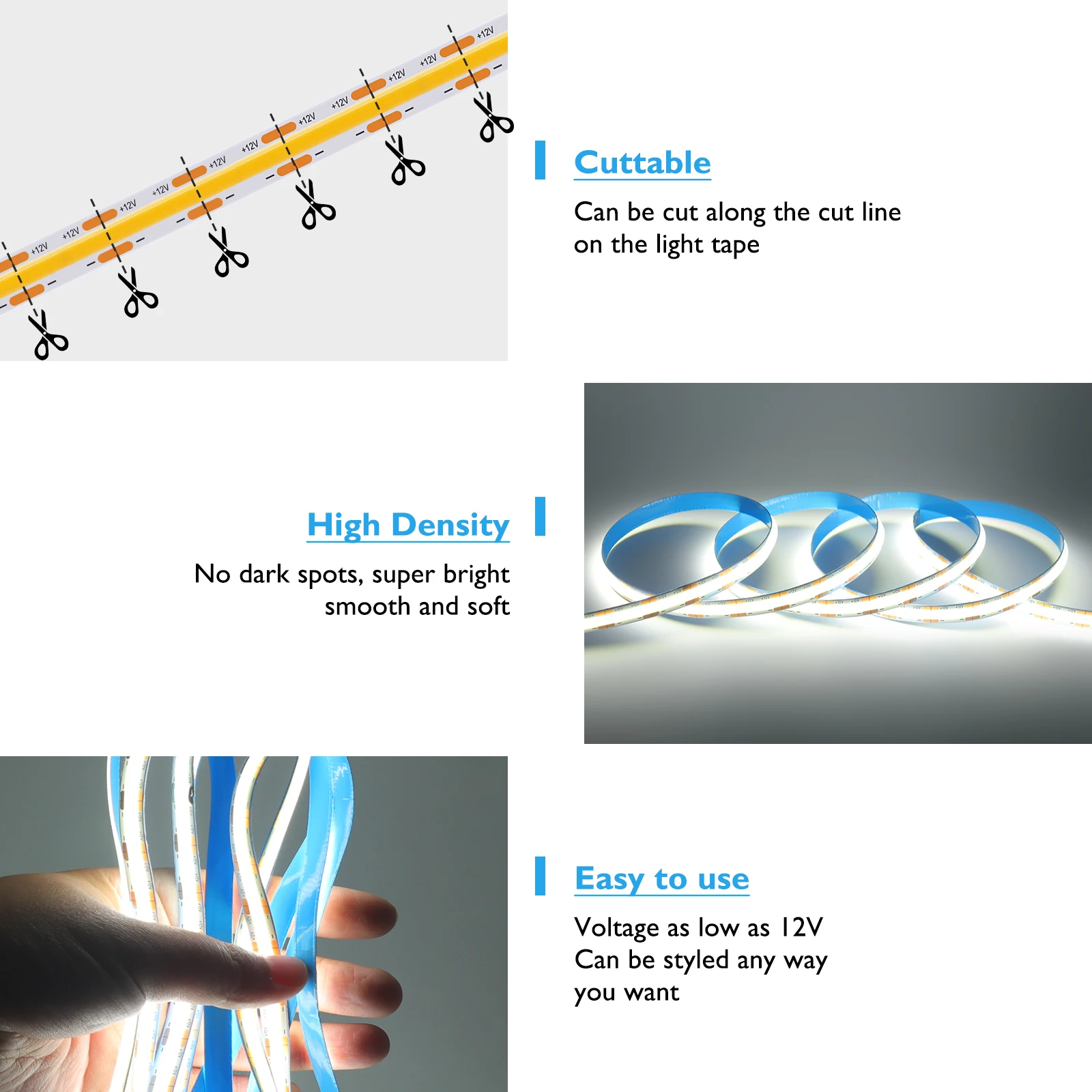 12V 24V COB LED Strip Light High Density 528LED/m 8mm PCB RA90 Flexible LED  Strip 3000K 4500K 6000K Dimmable Linear Light 2/10M