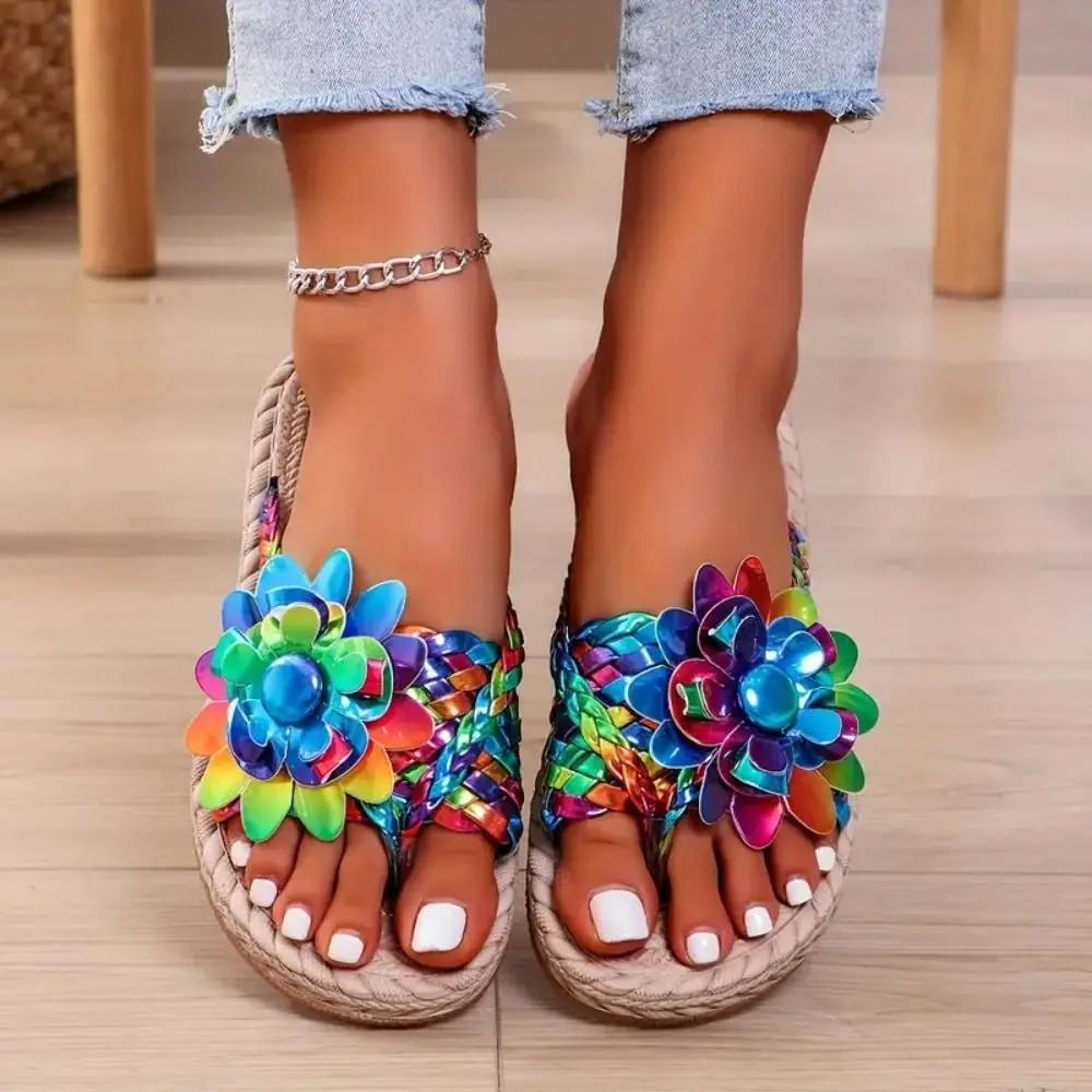 

Lightweight Non-Slip Braided Slides Soft Thick Sole Simple Slippers 3D Floral Fashion Clip Toe Slides Vacation