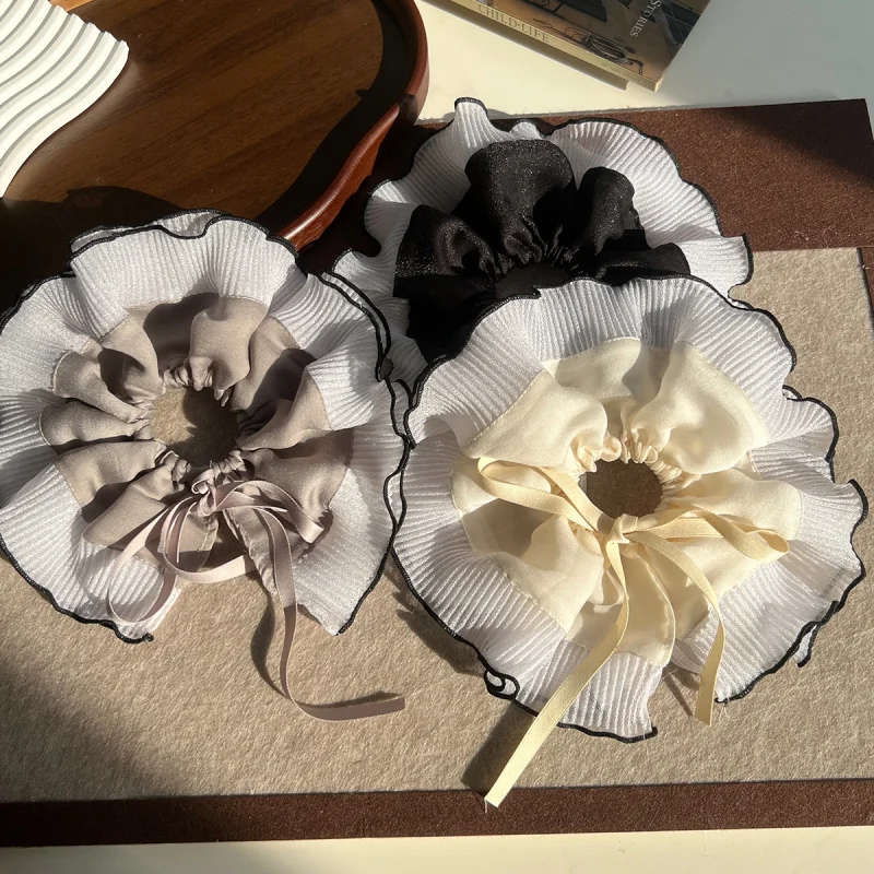

Korean Version New Large Satin Ruched Ruffle Elegant Scrunchie High-End Design Flower Hair Accessory