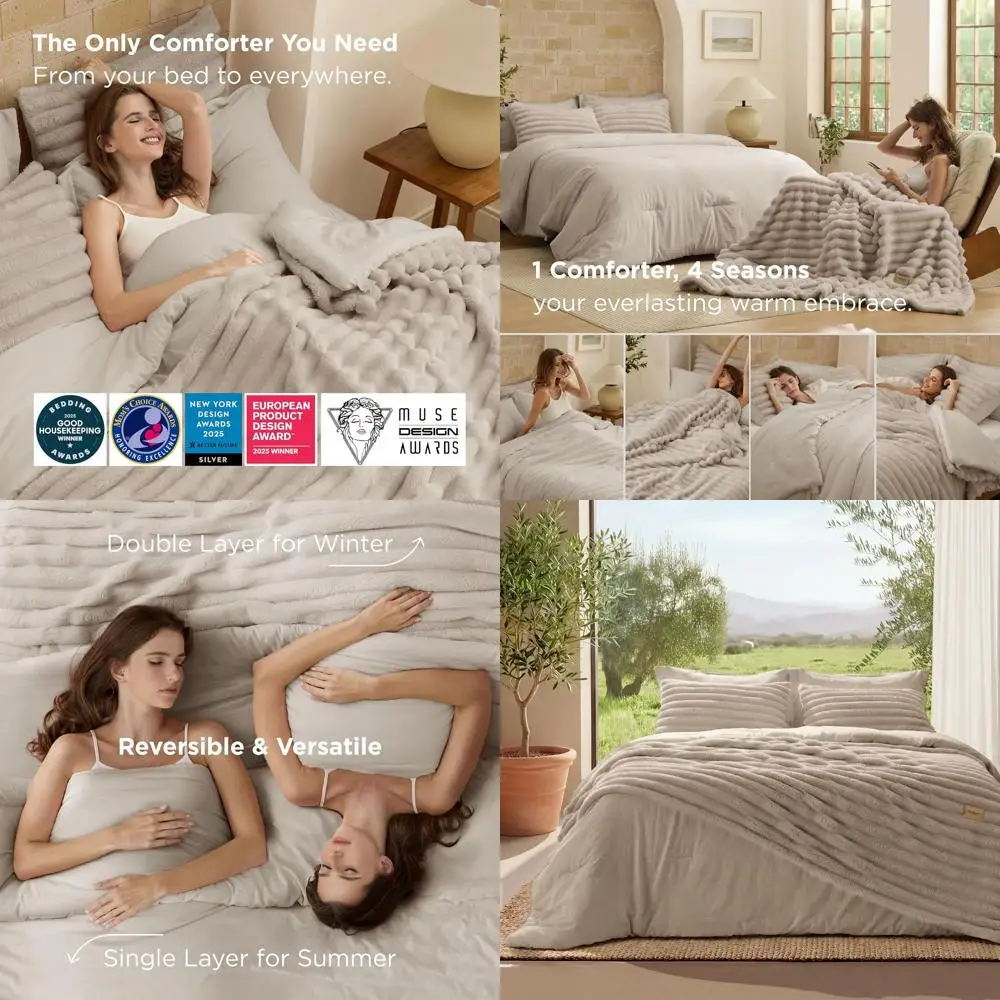 

2-in-1 Queen Comforter Set with Detachable Fluffy Blanket, Beige All-Season Bedding, SnapTech Design, Includes 2 Shams & 2 Cases