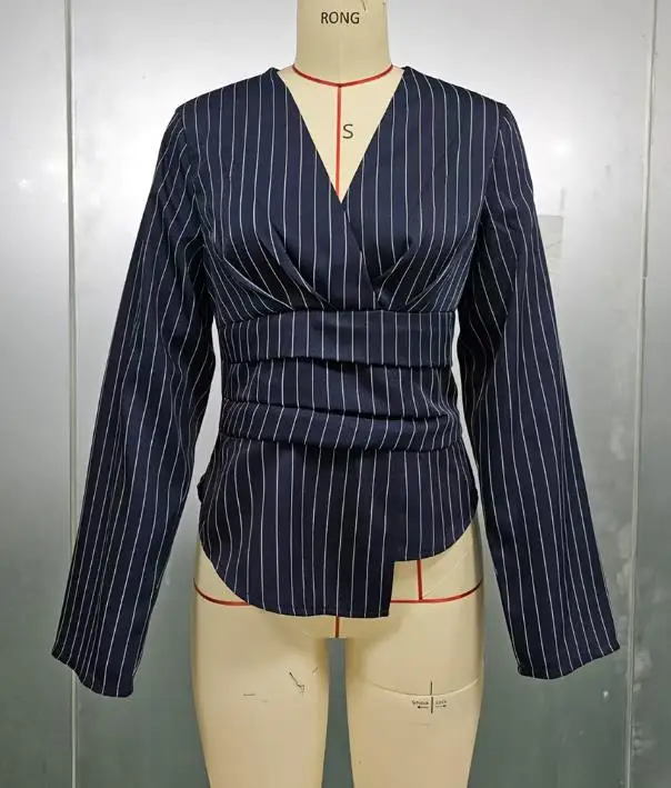 Slim-Fit-Damenhemd, modisch, klassisch, gestreift, bedruckt, V-Ausschnitt, Taille, asymmetrisches Design, langärmeliges Hemd, geeignet zum Pendeln