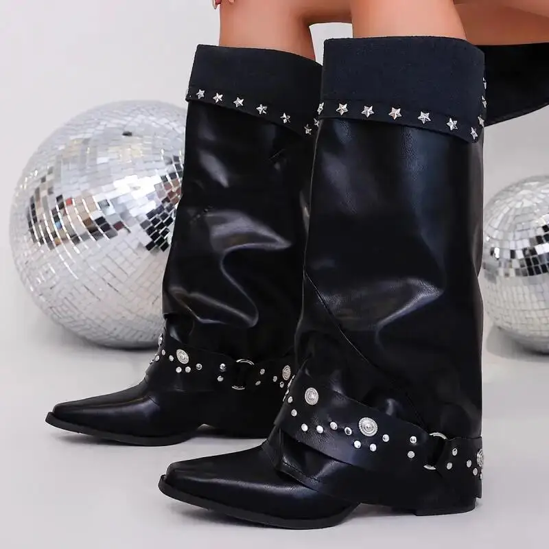 New Rock Metal Rivet Black High Boots Women Winter 2026 Retro Pointed Thick Heel Western Cowboy Boots Woman's Punk Long Booties