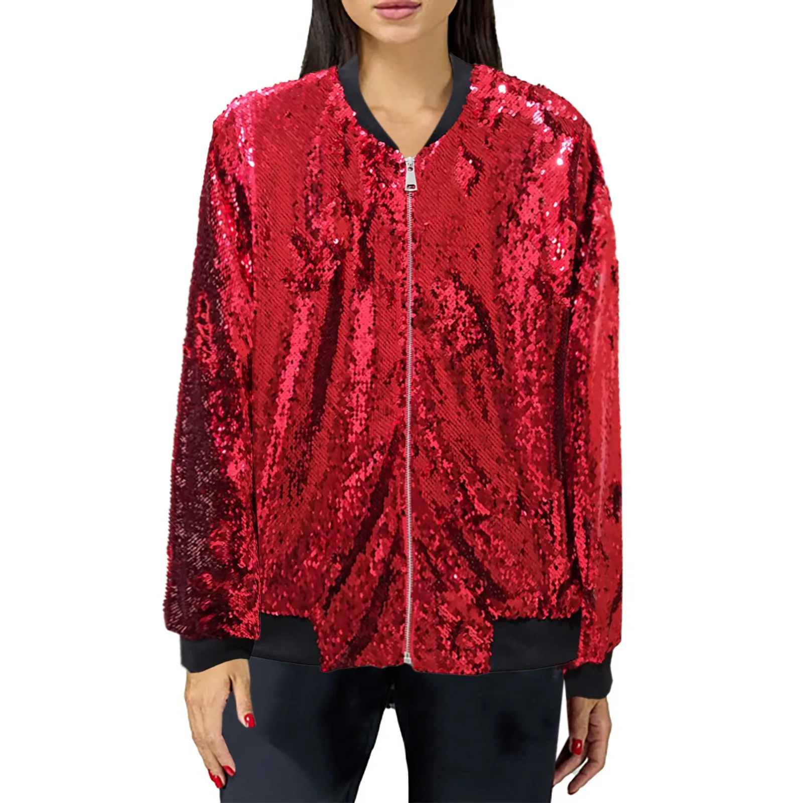 

Shiny Sequins Women's Jackets Elegant Glitter Coats For Women 2023 Autumn Winter Gold Red Silver Black Sequined Baseball Jacket