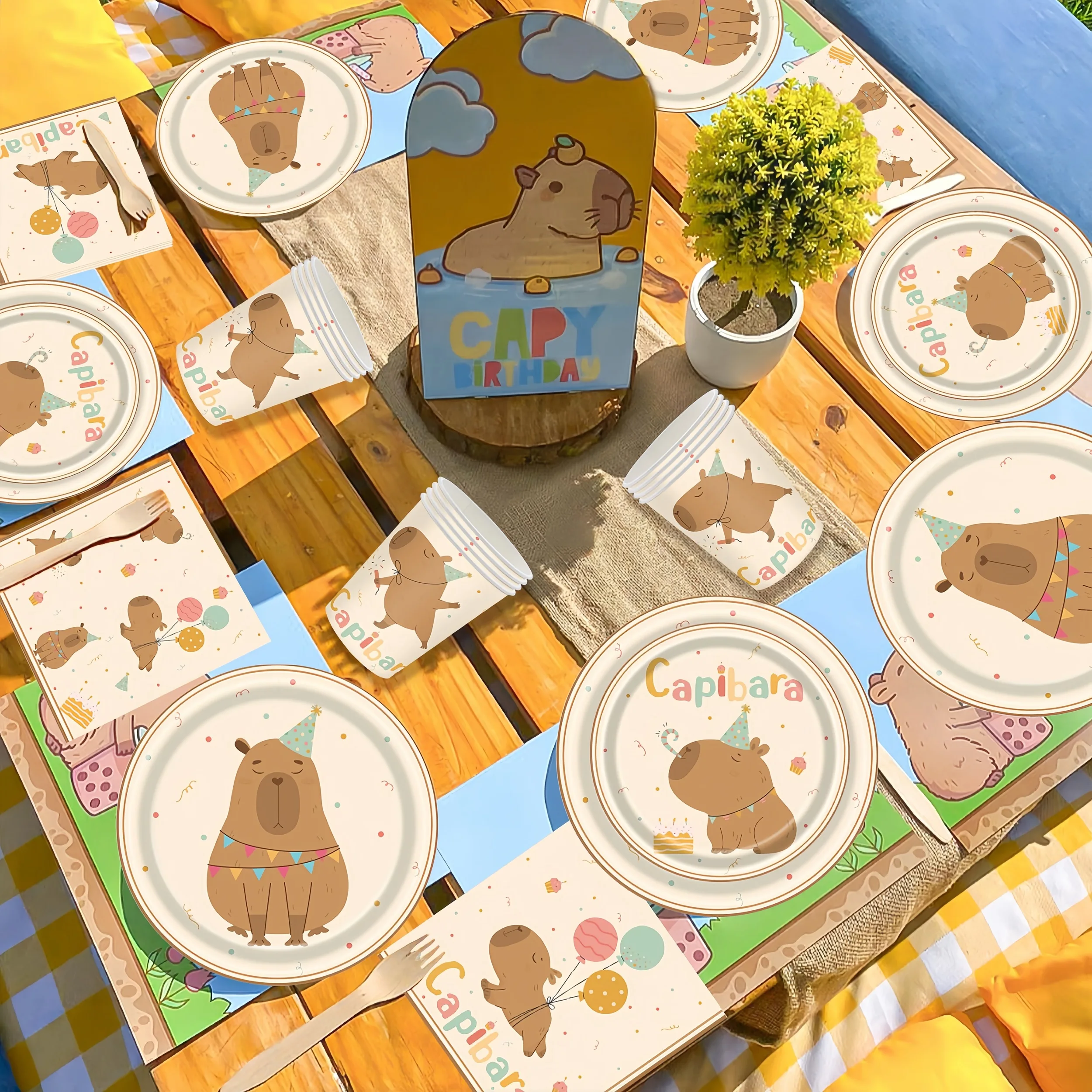 Cartoon Capybara Thema Geschirr Set Kinder Geburtstag Party Tasche Kuchen Topper Tischdecke Ballon Dekor Mädchen Gefälligkeiten Tier Supplie – Detail 9