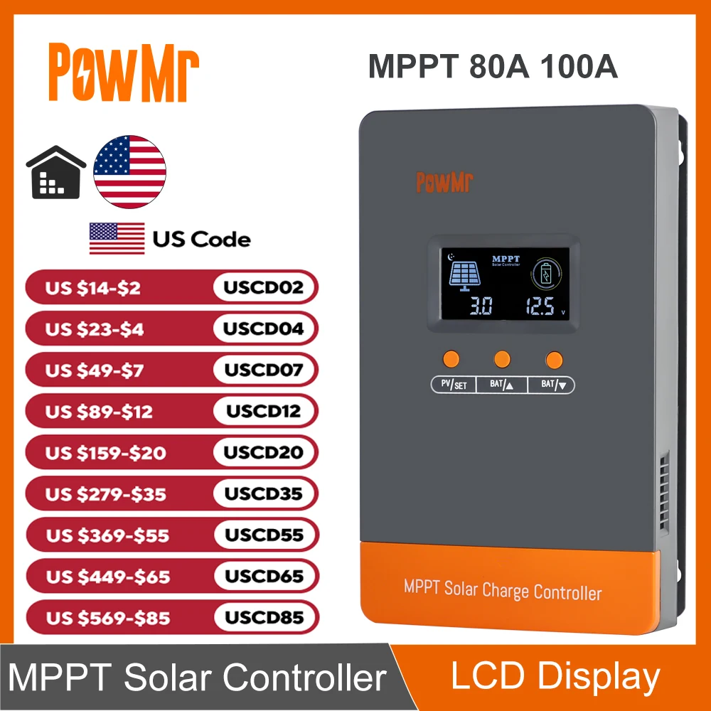 PowMr 80A 100A MPPT Solar Charge Controller 12V/24V/36V/48V Auto Max Solar PV 160V Regulator Supports Up to 12 Units in Parallel