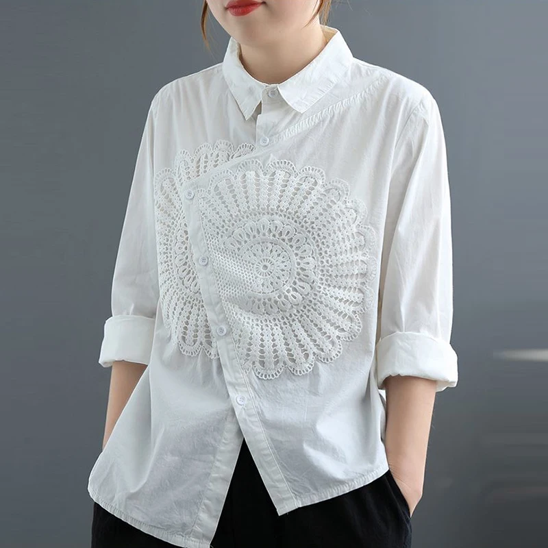 2022 Spring New Arts Style Women Long Sleeve Loose Shirt Dissymmetry Single-breasted Vintage Embroidery Cotton Linen Shirts V864