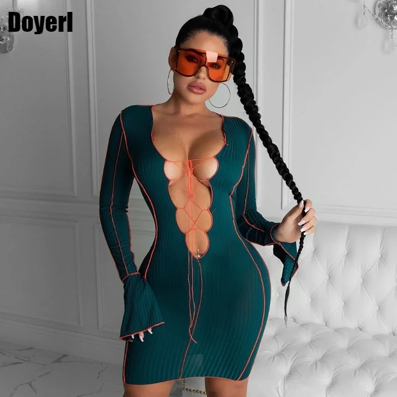 Hollow Out Party Sexy Dress Women Autumn Bodycon Flare Long Sleeve Dress Clubwear Bandage Short Mini Dresses for Women Vestidos