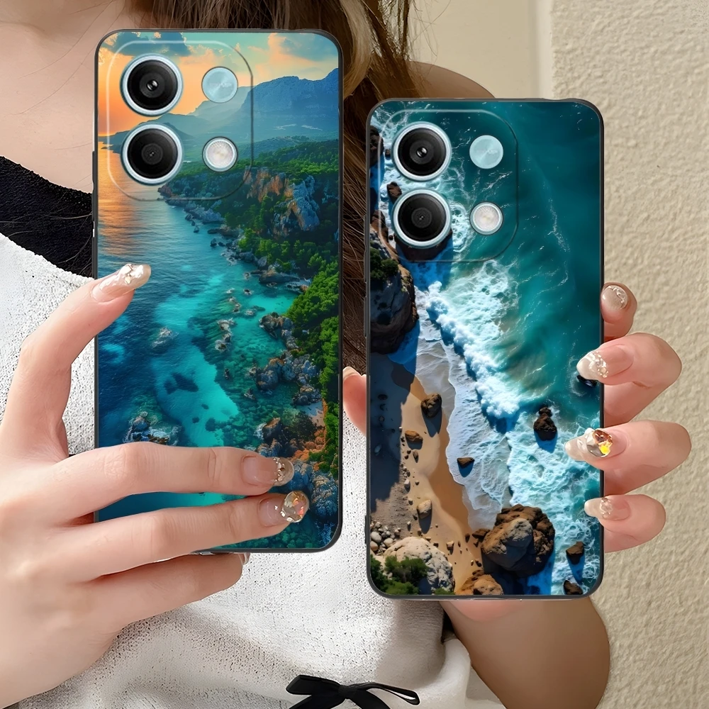 Beach Ocean Sea Mobile Cell Phone Case for Xiaomi Redmi 14 13 13C 12 12C 10 10C A1 A2 A3 Plus 5G Black Soft Phone Cover Shell