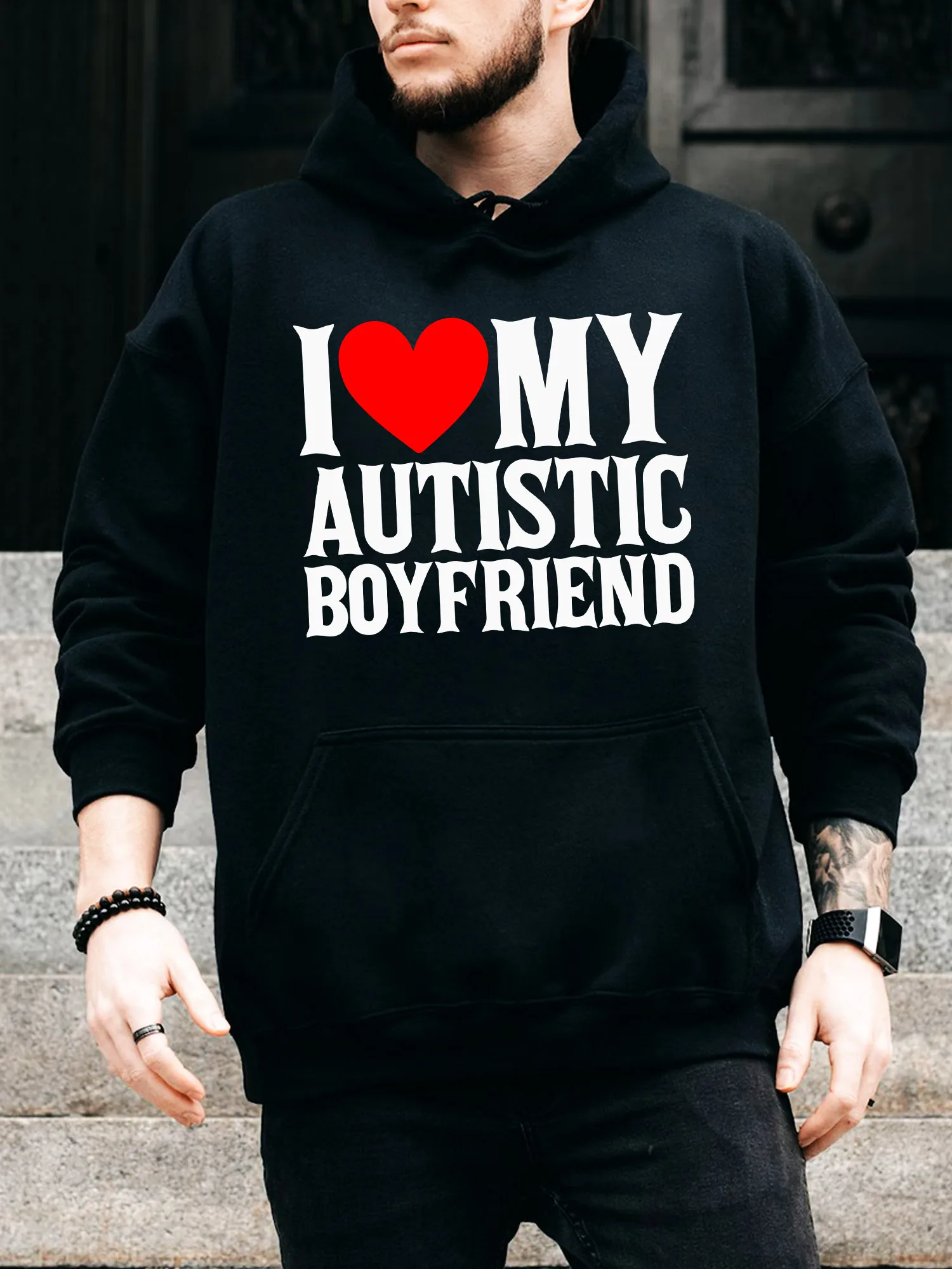

Love My Autistic Boyfriend Men's Drawstring Hoodie - Casual Comfortable Black Pullover, Fall & Winter Hooded Sweatshirt