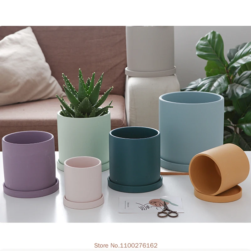 

1pc Ceramic Flower Pots Cylindrical Succulent Green Plants Pot Fresh Flowerpot With Tray Home Decor Office Decoration