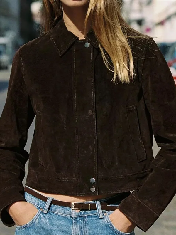 جاكيت نسائي قصير بأكمام طويلة وياقة، تصميم عصري غير رسمي، جديد لفصل الخريف، بتأثير الجلد، معطف نسائي عالي الجودة