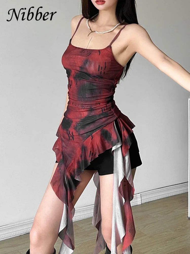 Nibber 2024 Sorelle di Estate Del Partito Gradiente Retro Increspature Dolce Delicato Sexy Caldo Fresco delle Donne Sottile Mini Nappa Sling Dress