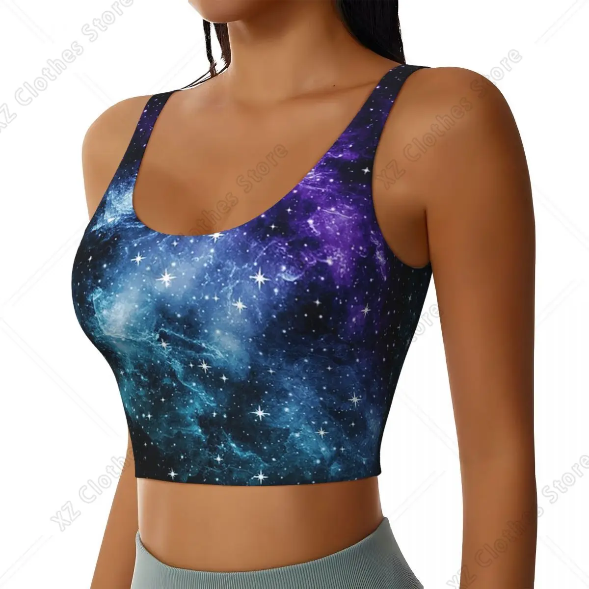 Custom Purple Teal Galaxy Nebula Dream Women Sports Bras High Impact Vest Gym Workout Yoga Crop Tank Tops