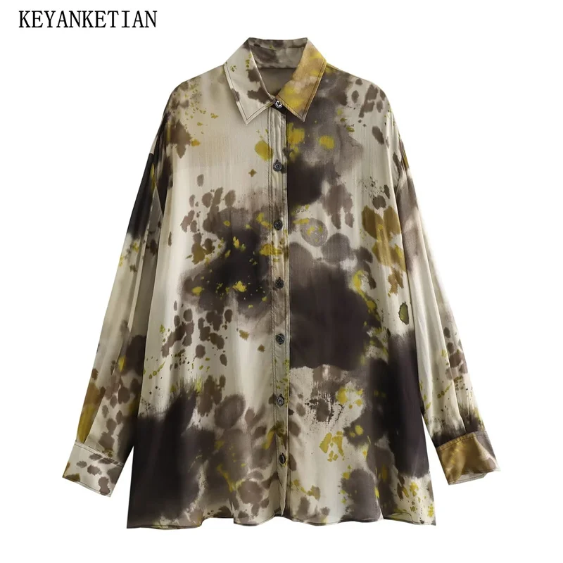 

KEYANKETIAN New Launch Women's Splash-ink Print Shirt Fashion Vintage Button-up Long Sleeve Oversize Mid-length Blouse Female