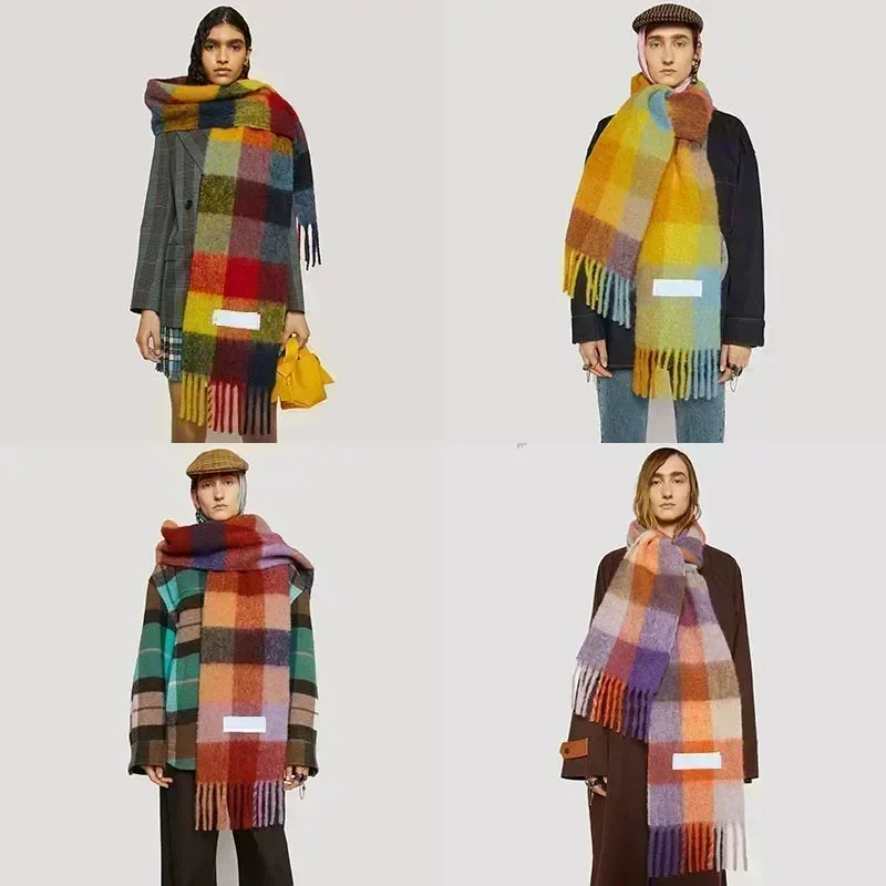 

Winter Women Plaid AC Scarf Shawls Studio Cashmere Wraps Lady Tassel Warm Luxury Scarf Scarves Rainbow Hairy Designer Brand Man