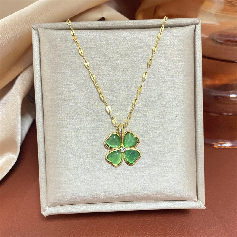 Lucky Clover Necklace Women Gold Plated Cat\'s Eye Flower Petal Lock Bone Chain