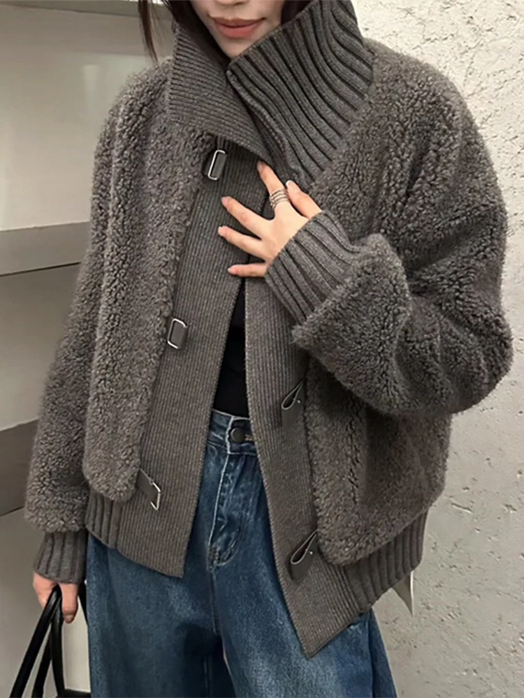 

Вязаная куртка с вставками из овечьей шерсти для женщин, осенне-зимняя, утепленная, короткая, теплая, в корейском стиле, маленький размер, хлопковая одежда