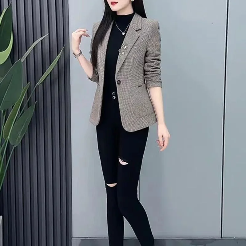 2024 primavera autunno Casual Blazer nuova giacca con fibbia singola colletto del vestito vestiti delle donne cappotto moda pied de poule Outeawer femminile