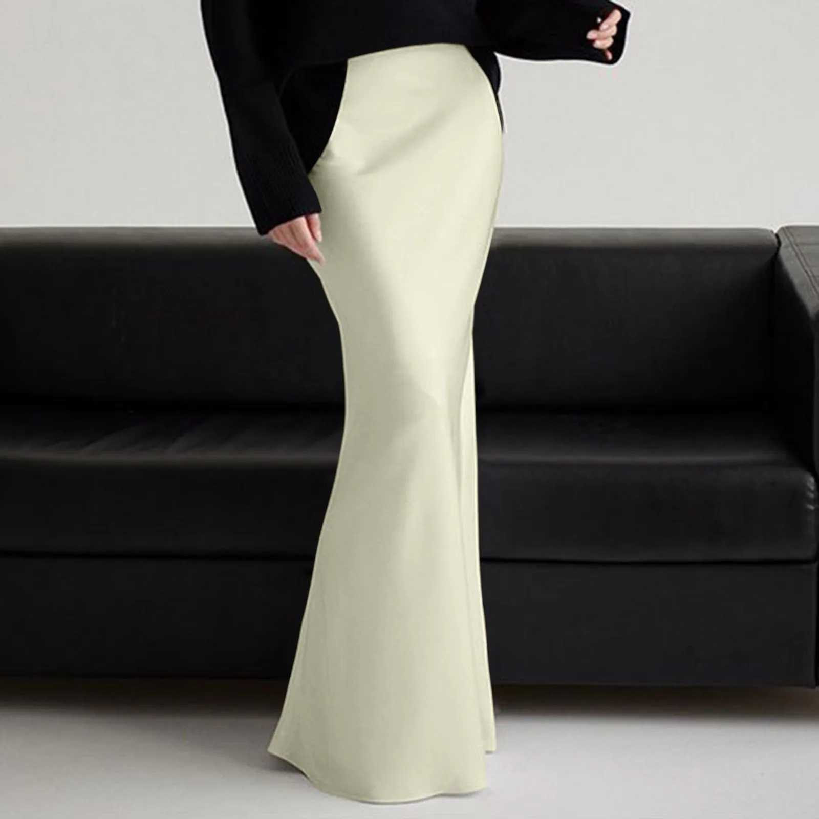 

Women Spring Summer Skirt Silk Elegant High Waist Cocktail Party Wedding Hem Satin Solid Satin Zipper Luxury Maxi Skirts Clothes