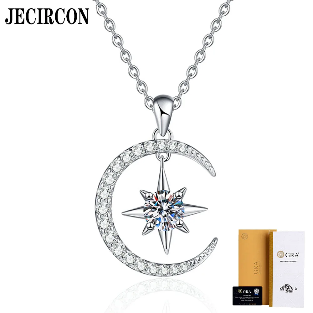 

JECIRCON S925 Sterling Silver Necklace Moissanite Star Moon Pendant Light Luxury Korean Version 0.5 Carat D Color Clavicle Chain