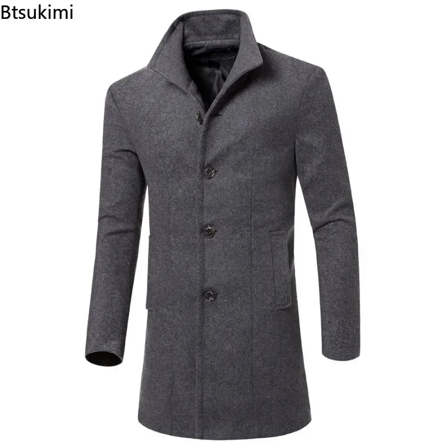 New Men's Warm Woolen Trench Jacket Solid Slim Woollen Jacket Coats Male Fashion Windproof Stand Collar Long Outwear for Men