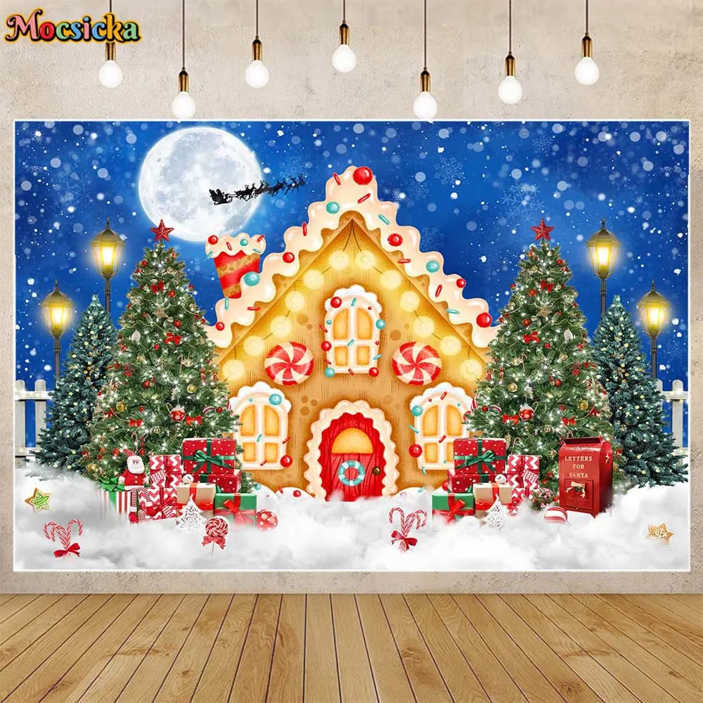 Mocsicka Christmas Backdrop Gingerbread House Winter Snow Xmas Tree Kids Portrait Background for Photo Studio Photography Props