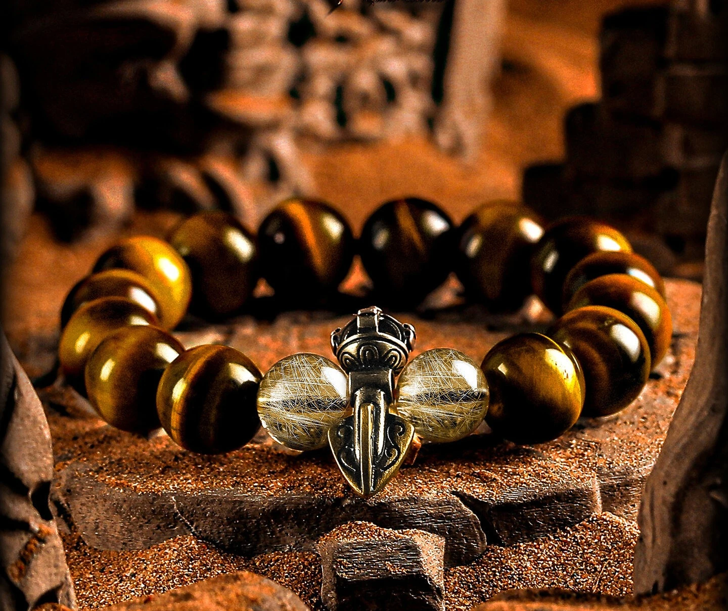 [God's Domain] Natural Golden Hair Crystal Bracelet Boys Lightning Tiger's Eye Bracelet Beads