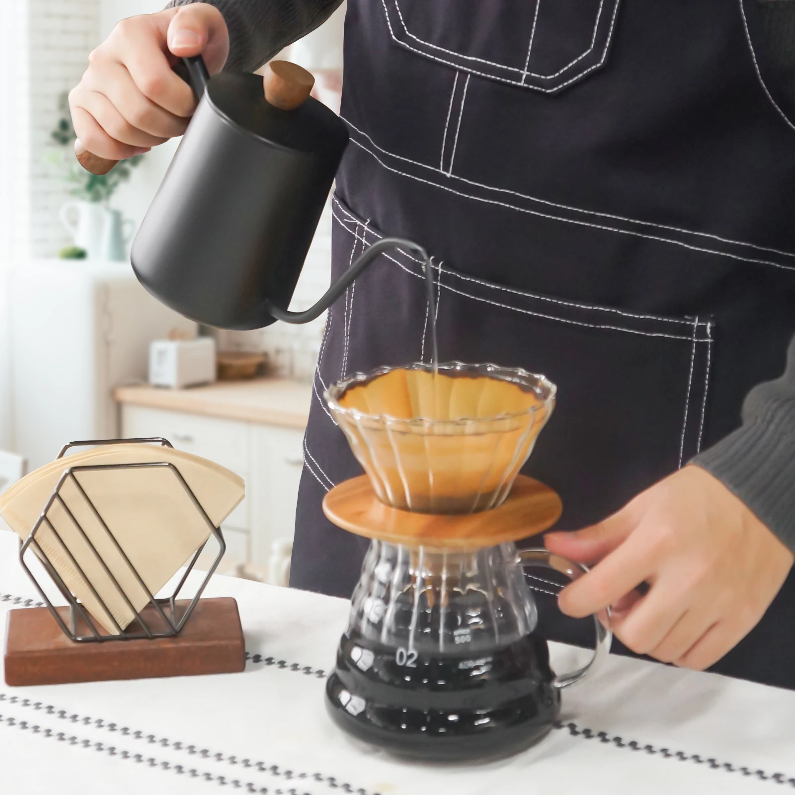 Pour Over Coffee Maker Set, Pour Over Coffee Maker with Kettle, Adjustable Stainless Steel Stand, Wooden Base, Paper Filters