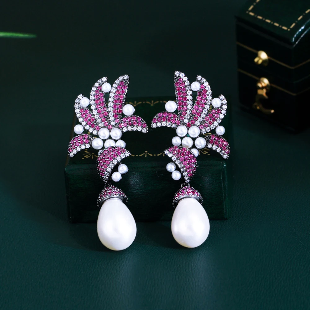 

ThreeGraces Fashion Fuchsia Red Cubic Zirconia Black Gold Color Simulated Pearl Long Flower Leaf Dangle Earrings for Women E1753
