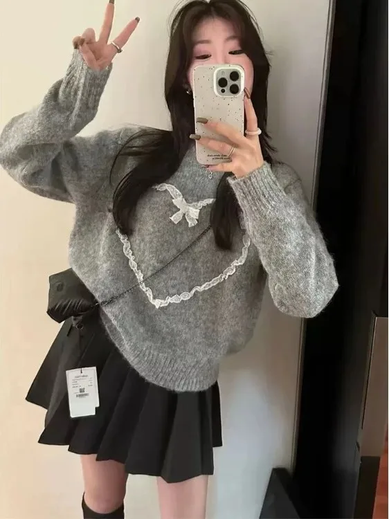 

Women's Oversized Knitted Sweater Heart Patterned Lazy Soft Autumn Winter Faion Inner Wear round Ne Long Sve Top