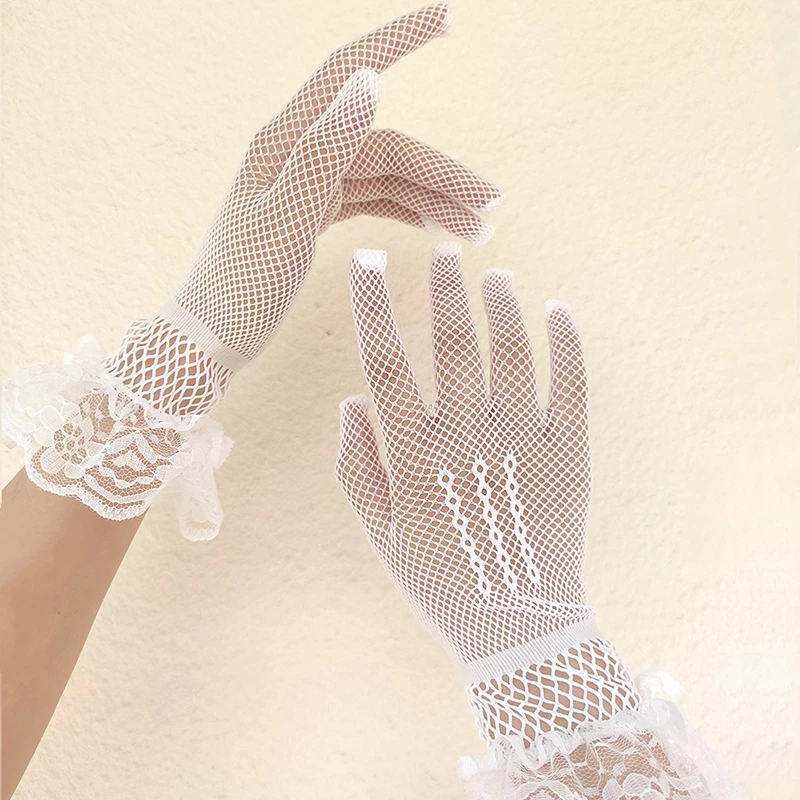 

Black White Mesh Fishnet Gloves For Women Lace Bow Wrist Gloves Full Finger UV-proof Driving Gloves Lady Sheer Fishn Net Gloves