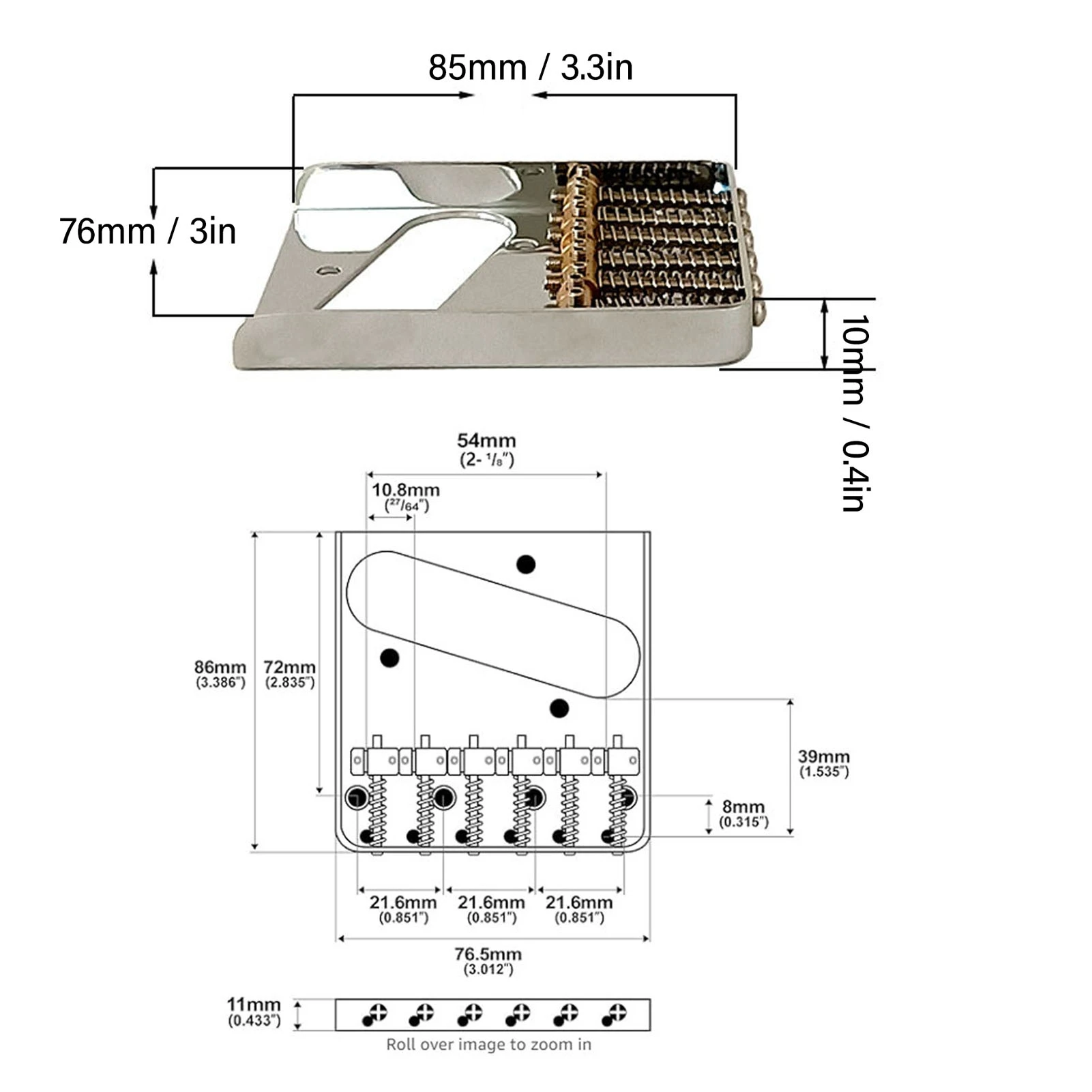54mm Guitar Bridge with Brass Barrel Saddles 6 String Metal Bridge Replacement for Telecaster Electric Guitars
