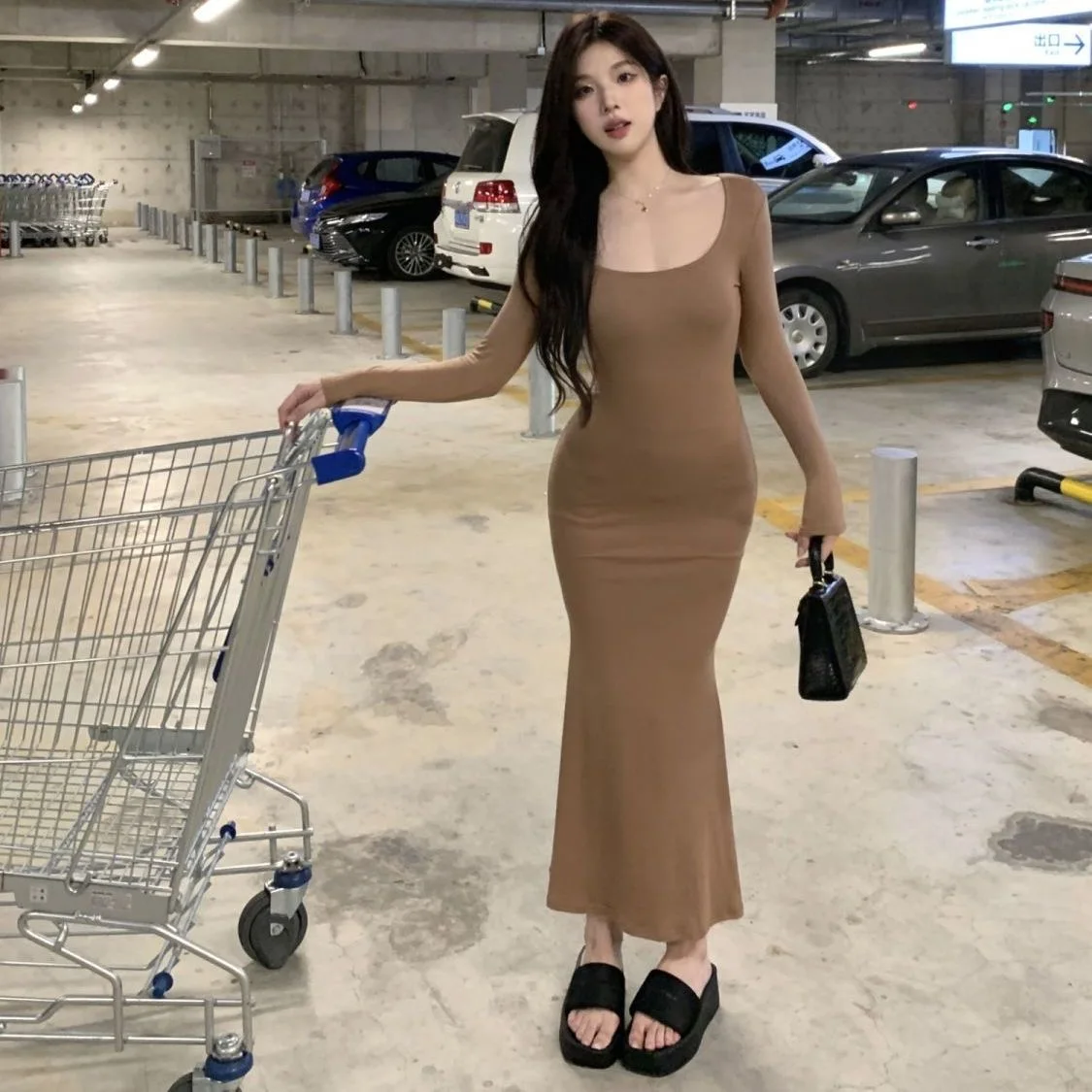 Women Spring Autumn Style Long Sleeve low cut Collar Mermaid Sexy Dress Vestidos SS030