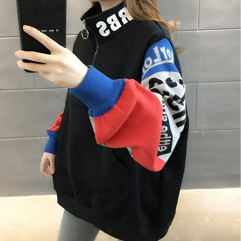 Spring and Autumn Women Hoodies Oversize Design Sense Loose Hooded Long Sleeve Versatile Female Sweatshirt Patchwork