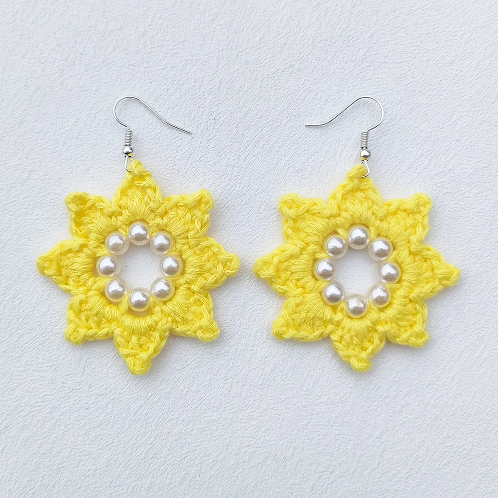 Pearl Sunflower Earrings for Women Crochet Fashion Flower Drop Accessories Boho Girls Party Holiday Jewelry image 2