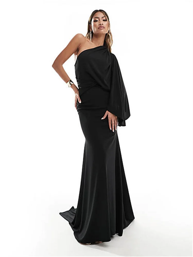 

Hot Selling One-Shoulder Neck Long Cap Sleeve Sheath Evening Dress Elegant Back Zipper Floor Length Sweep Train Gown For Women