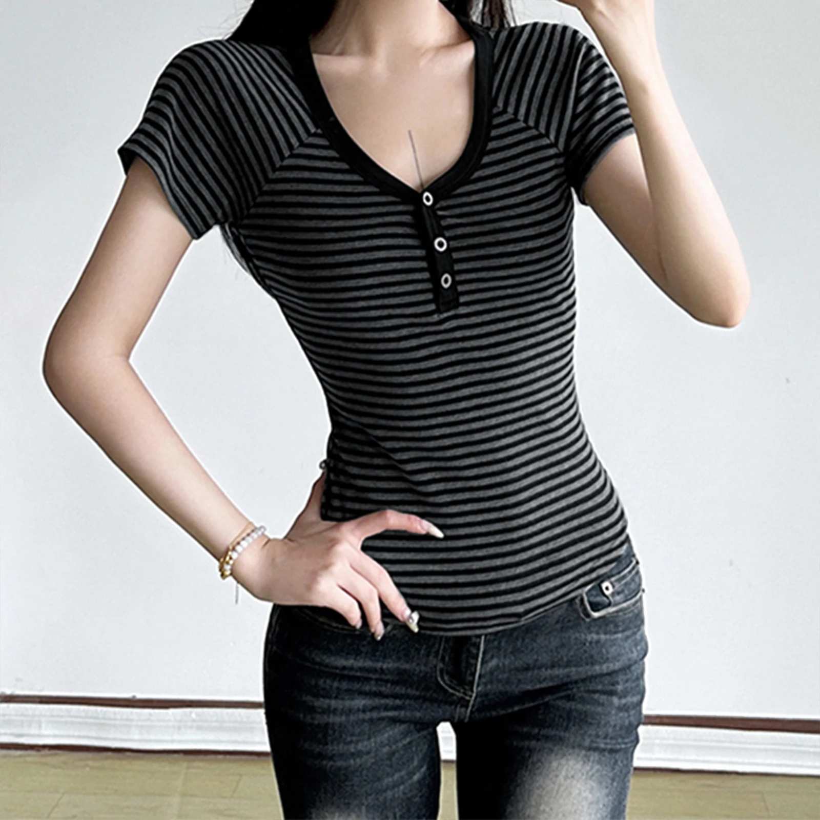 Hauts courts d'été pour femmes, couleur unie/rayure imprimée, manches courtes, boutons sur le devant, col en v, T-Shirt ajusté
