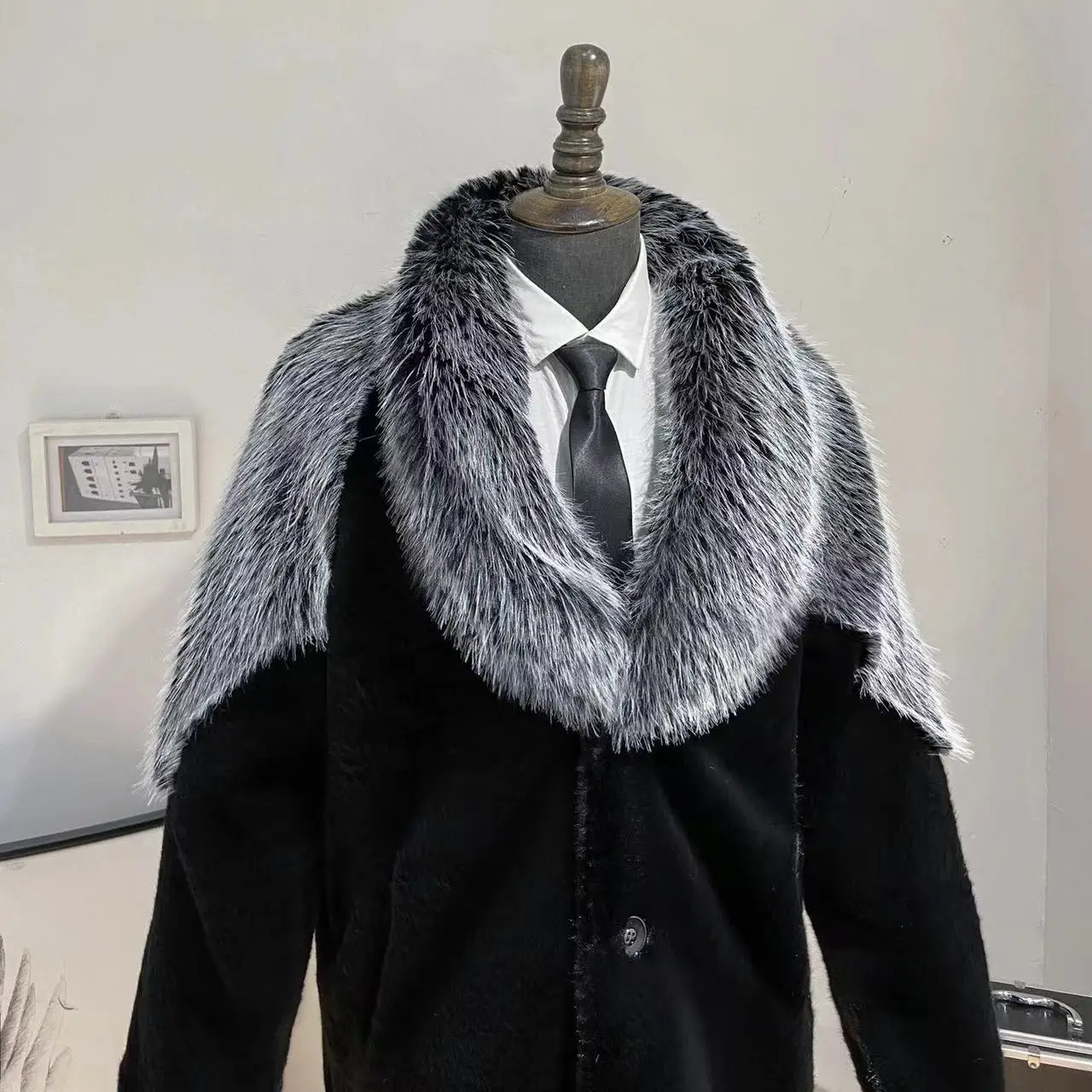 Winter men's mink fur long style light luxury casual business jacket, thickened warm fur silver fox fur collar long windbreaker