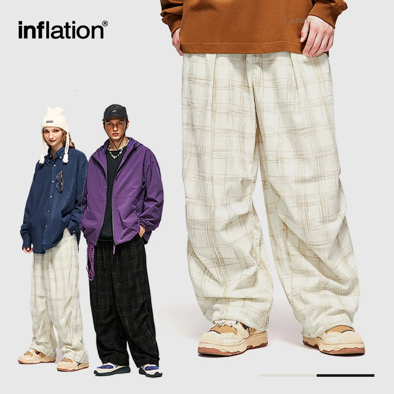 

INFLATION Vintage Check Corduroy Wide-Leg Pants Unisex Harajuku Elastic Waist Plaid Corduroy Trousers