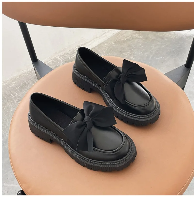 Black Leather Shoes for Women in Summer 2024 Lolity Shoes Hot New Style Bow-tie Slip-on Thick-soled Shoes Loafers