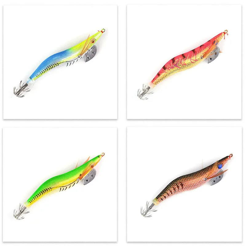 2.5# 3.0# 3.5# Luminous Squid Jigging Fishing Lure Wood Shrimp with Noisy Ball Octopus Squid Jig Hooks Cuttlefish Saltwater Bait