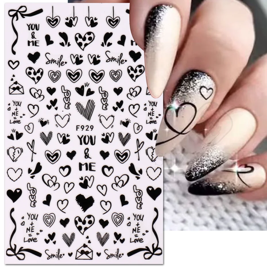 Valentine Nail Stickers 3D Black White Love Heart English Character Lines Simple French Manicure Tips Nail Art Decoration SLF926