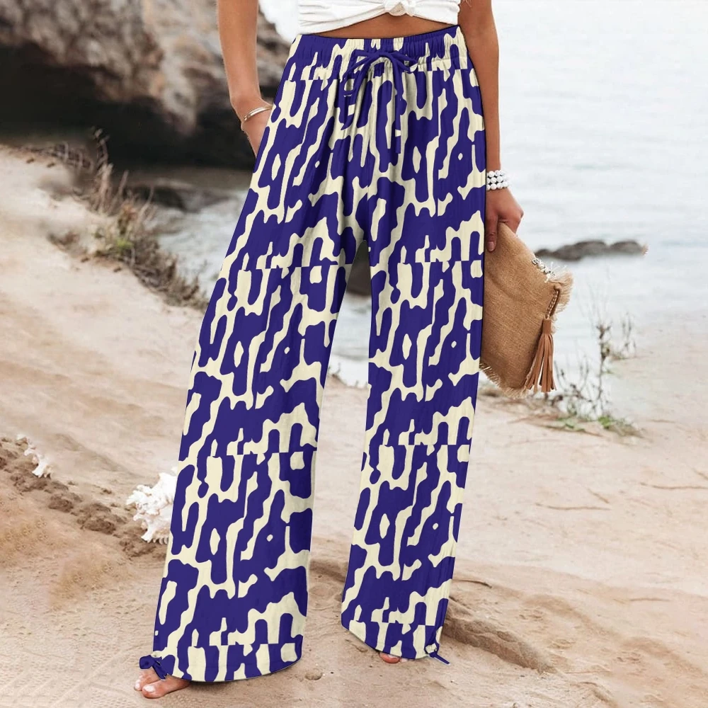 Elegant Women's Beach Pants Purple Color Block Printing Trend New Chic Wide-Leg Pants Casual Vacation Beachwear