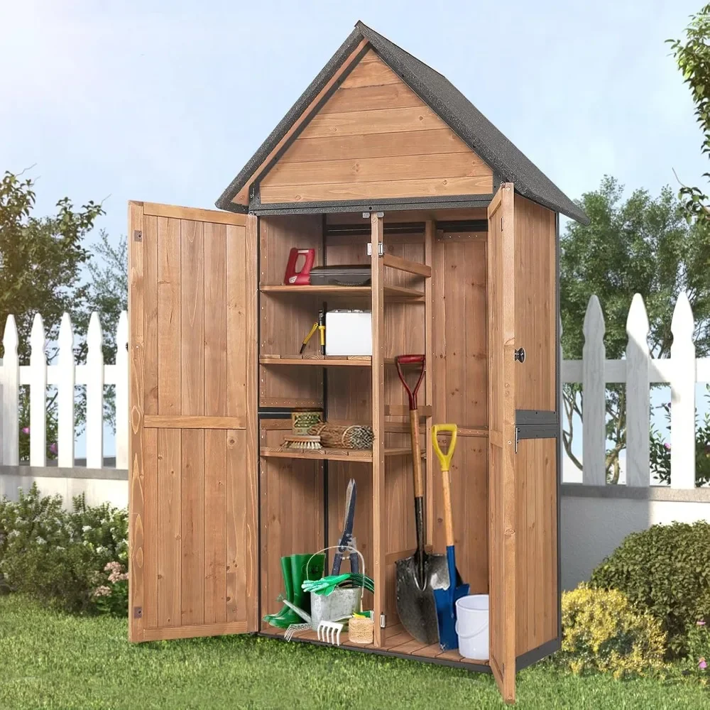 

Outdoor Storage Shed with All Around Strong Metal Frame, Garden Shed with Adjustable Shelfs, Wooden Tool House with Floor
