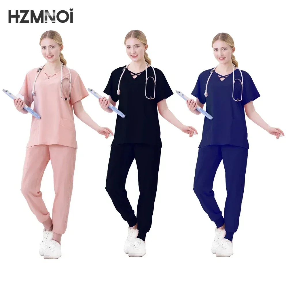 Nuevo conjunto de uniformes médicos, Tops elásticos con pantalones de bolsillo, uniforme de enfermera, monos de cirugía para médico, ropa de trabajo para salón de belleza